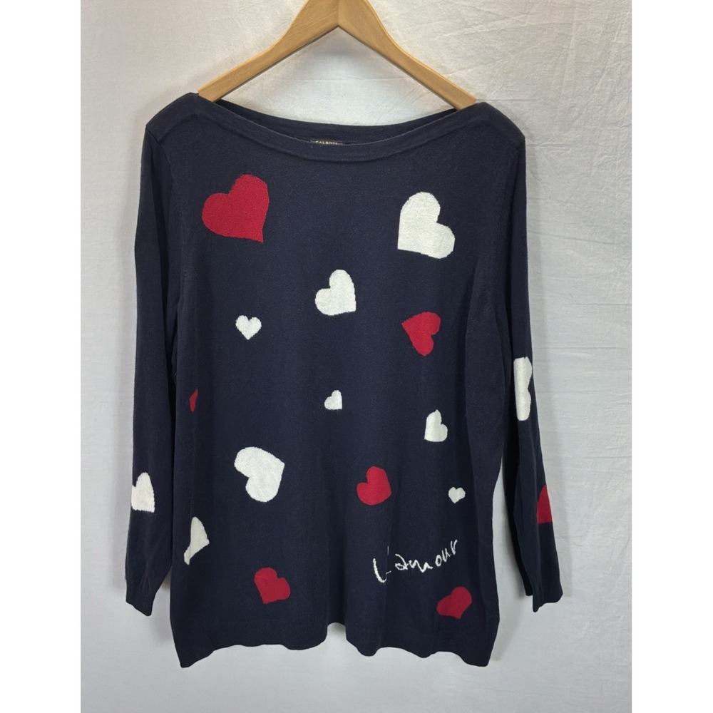 Talbots Navy BLue Heart 2X Sweater crewneck pullover valentines novelty graphic